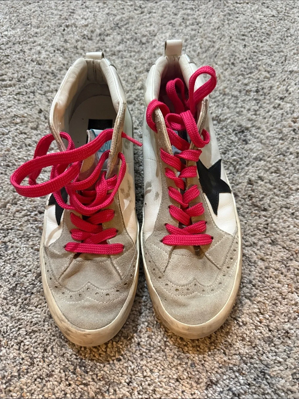 Golden Goose White Sneakers with Pink Laces and Neon Yellow Stripe